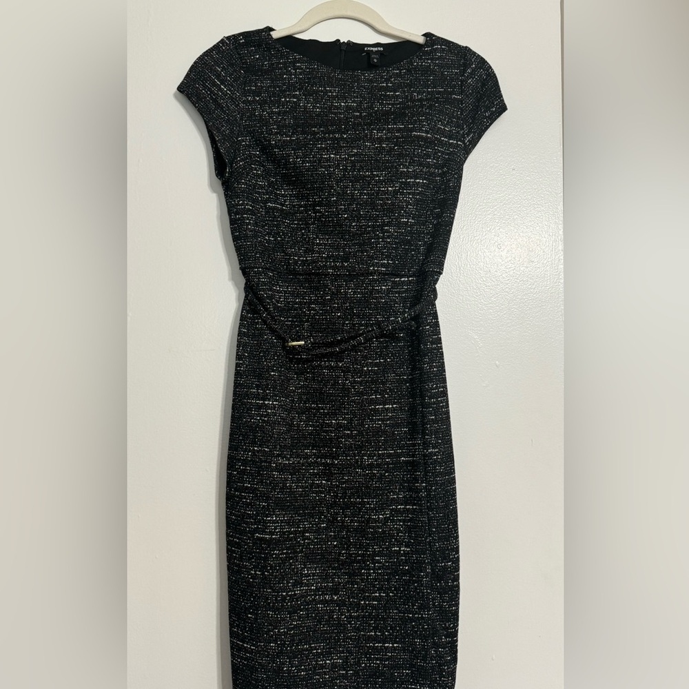 Express Black and White Knee Length Office Dress with Belt